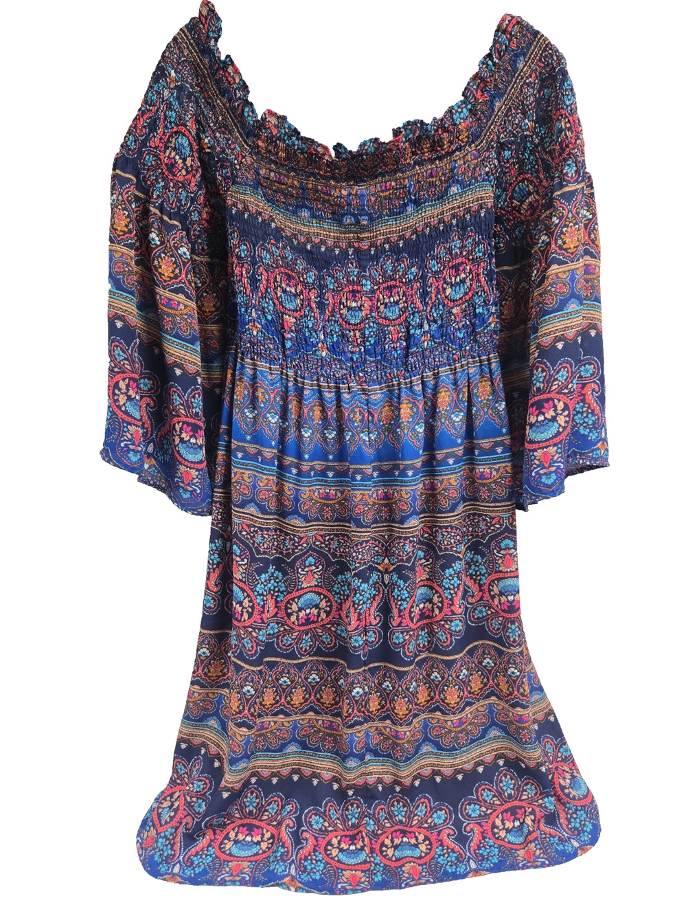 Nicole By Nicole Miller Womens Dress Blue Paisley Off Shoulder Smocked Size 16